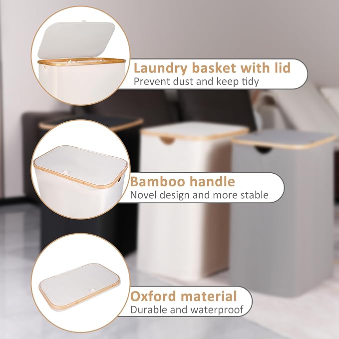iEGrow 150L Laundry Basket with Lid, Large Laundry Hamper with Bamboo Handle, Collapsible Dirty Clothes Hamper Organizer with 2 Removable Inner Bags for Clothes Towels - Beige