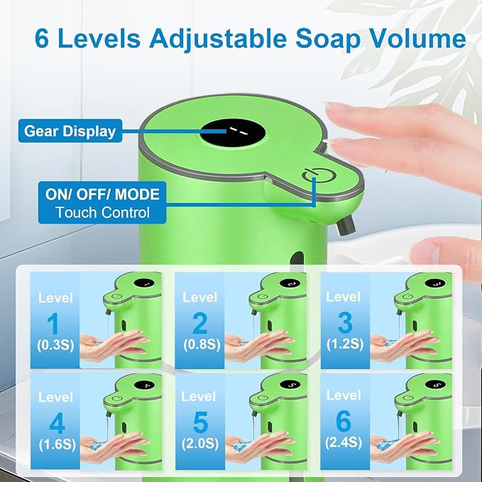 OHIFAST Automatic Liquid Soap Dispenser Touchless, USB Rechargeable Smart Hand Soap Dispenser, 6-Level Adjustable, 12.8oz/380mL Wall Mounted for Bathroom Kitchen Accessories Dish Soap-Green