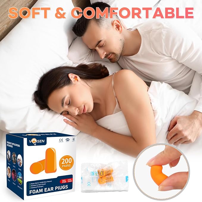 VOISEN Foam Ear Plugs,200 Pairs EarPlugs for Sleeping,32dB NRR 37dB SNR Ear Plug Noise Cancelling for Snoring, Studying,Traveling & Concerts, Individual Package