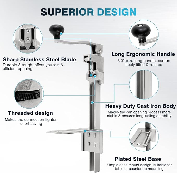 IRONWALLS Commercial Can Opener for Restaurant, 19”/48cm Heavy Duty Table Mount Manual Can Opener for Cans Up to 13” Tall, Metal Professional Can Opener with Plated Steel Base for Hotel, Food Store | Manual Industrial Can Openers for Big Cans, Heavy Du...