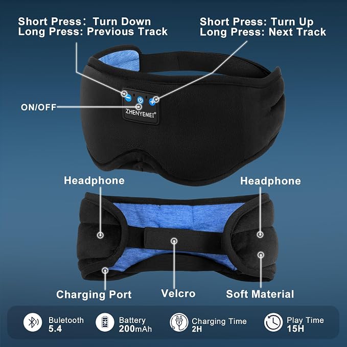 Deep Sleep Mask with Bluetooth 5.4 Headphones - Blackout Sleeping Mask Side Sleeper Eye Masks Earphone Rechargeable Headband Wiless Music Ear Muffs Portable Travel Essentials Gift for Women Men Mom
