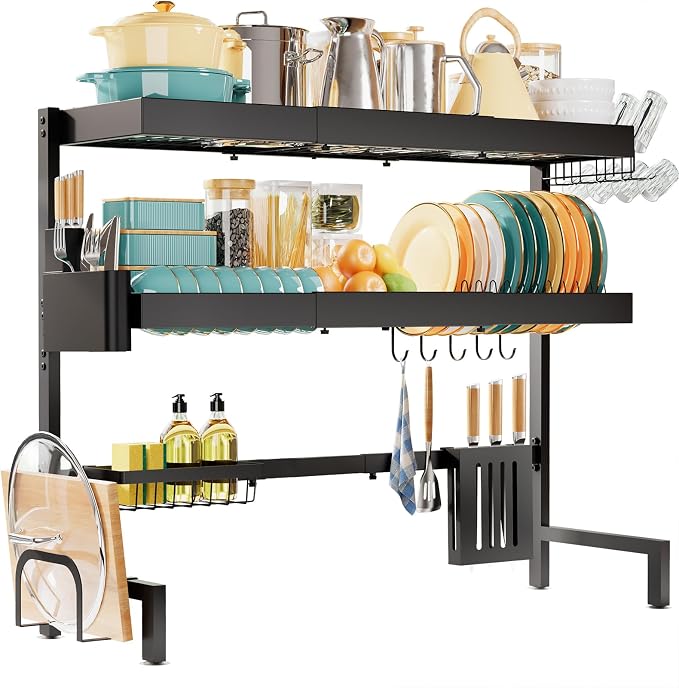 Sakugi 3-Tier Dish Drying Rack Over The Sink, Expandable for Counter | Rustproof Stainless Steel Kitchen Storage Organizer, Space-Saving 31.5"–39.5"Lx12"Wx33"H, Black