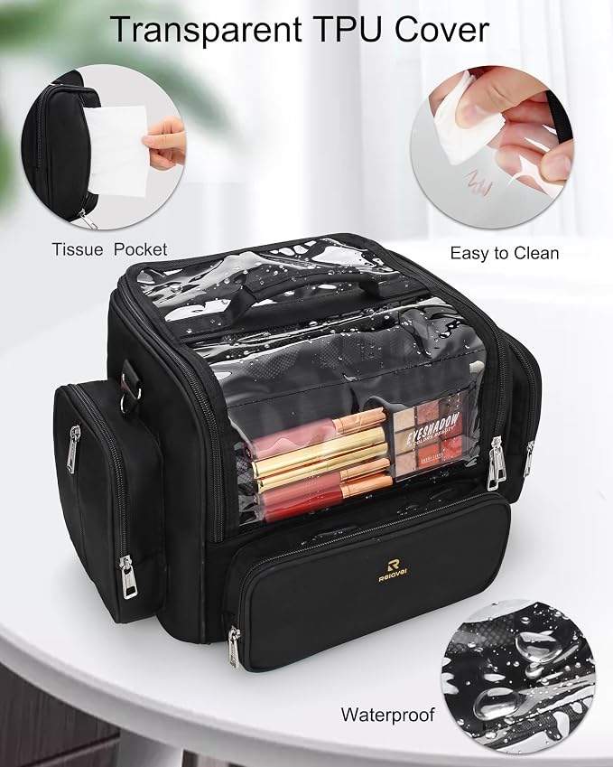 Makeup Brush Bag, Clear Makeup Brush Holder with Lid, Extra Large Capacity Travel Cosmetic Bag Makeup Artist Must Haves, Black Makeup Case, Make Up Organizers and Storage, with Adjustable Dividers