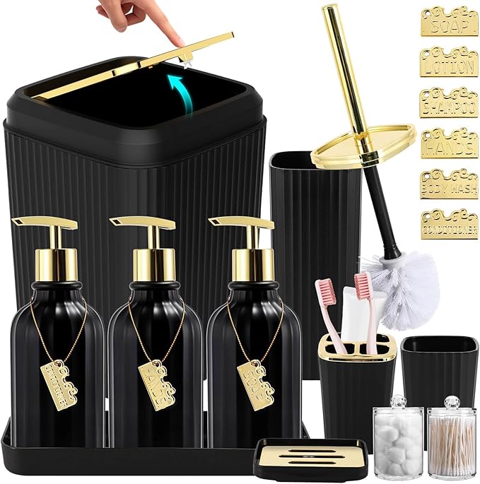 Bathroom Set, Black Bathroom Set Black and Gold Bathroom Accessories Set with Trash Can, 3PCS Soap Dispenser Bathroom Sets