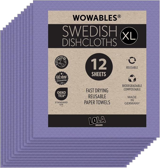 Swedish Dishcloths for Kitchen XL, 12 Sheet Roll, Biodegradable & Compostable, Reusable Paper Towel Cleaning Cloths, 11" x 10", No Odor, Washing Dishes, Ultra Absorbent Cellulose Sponge Towel, By LOLA