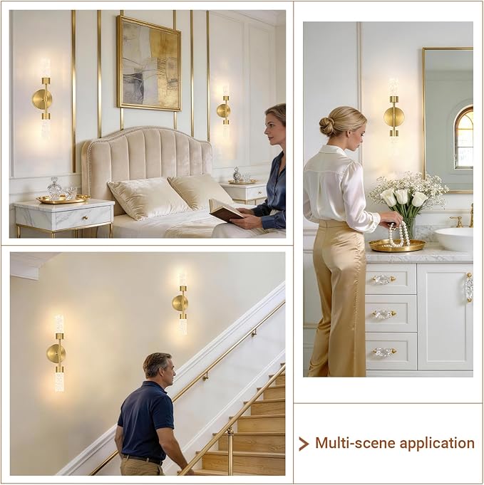 Brushed Gold Wall Sconces Set of 2, Hardwired 3000k Crystal Bathroom Sconces, Modern Sconces Wall Light Fixtures, Bathroom Vanity Light Fixtures Wall Decor Bathroom Mirror Living Room Hallway Bedroom