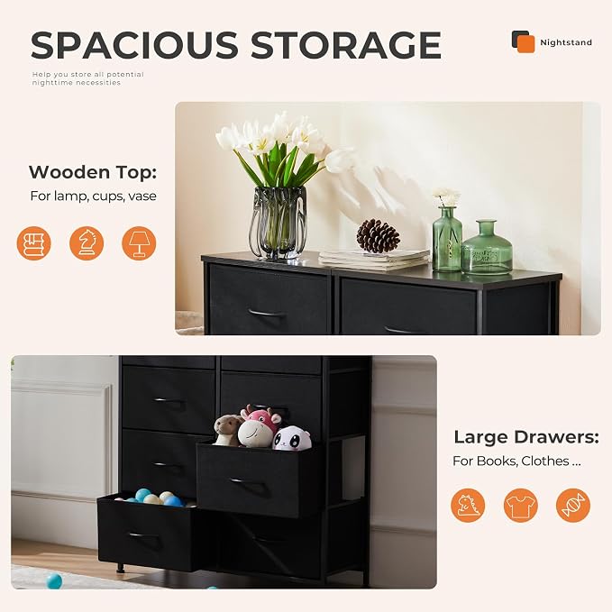 Sweetcrispy 8 Drawer Black Dresser for Bedroom Tall, Organizer Storage | Fabric Storage Tower, Chest of Drawers with Steel Frame, Wood Top for Living Room, Closet