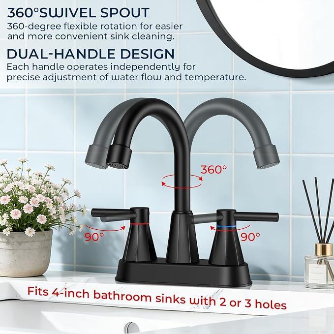Bathroom Faucet 3 Hole Matte Black, 4 Inch Bathroom Sink Faucet Centerset with Pop Up Drain, Double Handle Vanity Faucet 3 Hole with 360° Swivel Spout, Rv Bathroom Sink Faucet