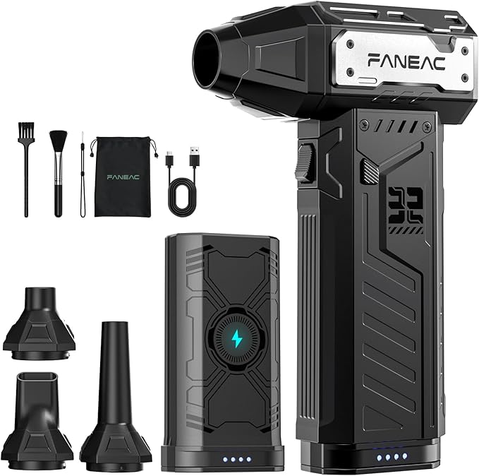 Compressed Air Duster - 2 Swappable Battey Packs and 4 Nozzles, Rechargeable Air Duster, 3-Speed Cordless Air Duster for Dust/Snow Cleaning (2-yr Warranty)