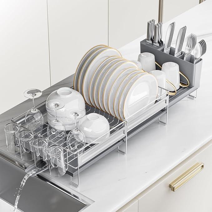 Stainless Steel Dish Drying Rack - Expandable Dish Racks for Kitchen Counter Organizer with Drain Board, Detachable Utensil & Cup Holder, Dish Drainer for Small Kitchen Counter, Grey