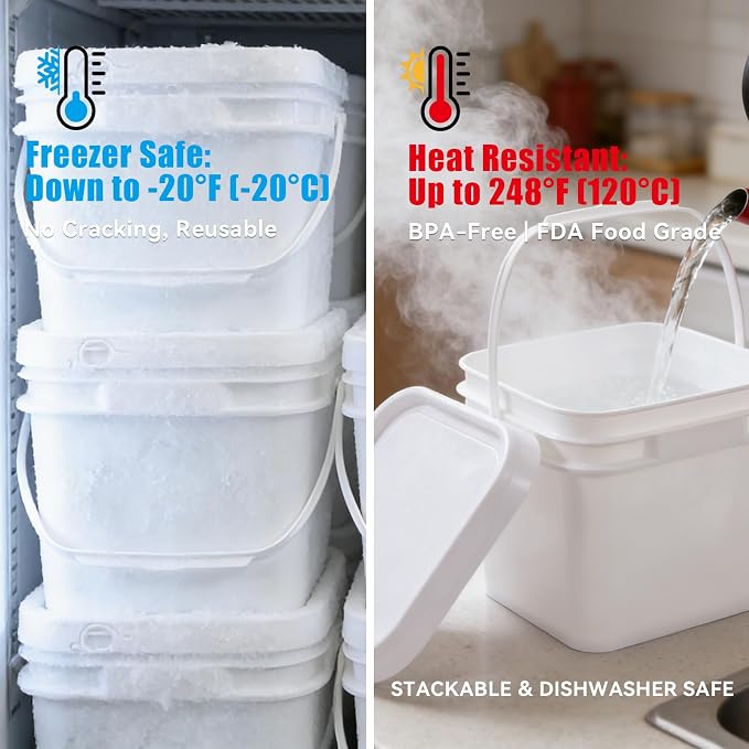 68 oz Food Storage Buckets with Lids, 4 Pack Square BPA Free Plastic Containers with Handles and Labels for Pantry, Rice, Flour, Snacks and Freezer (White)