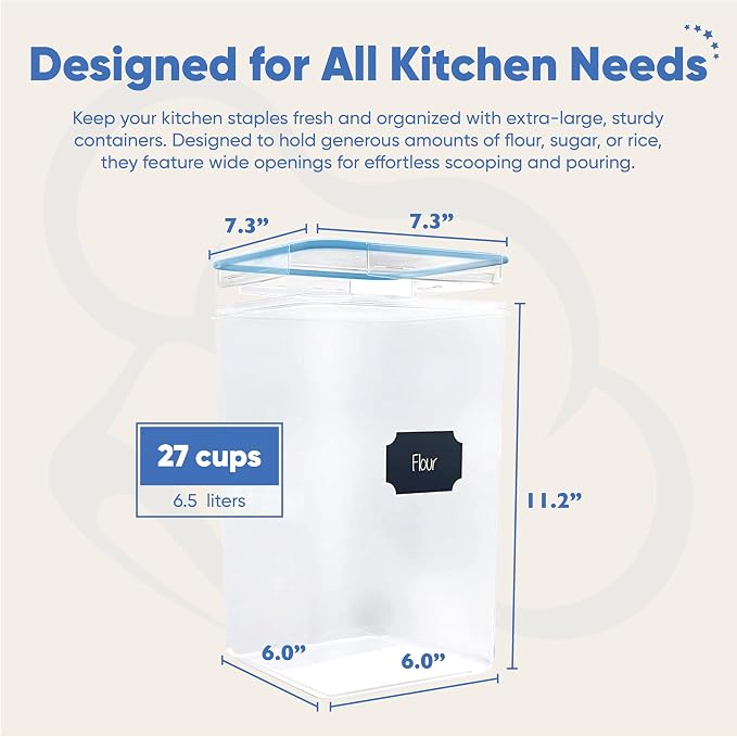 Chef's Path Extra Large Airtight Flour and Sugar Storage Containers with Lids, Set of 2, 6.5L Pantry Canisters for Bulk Flour and Sugar Storage - Transparent