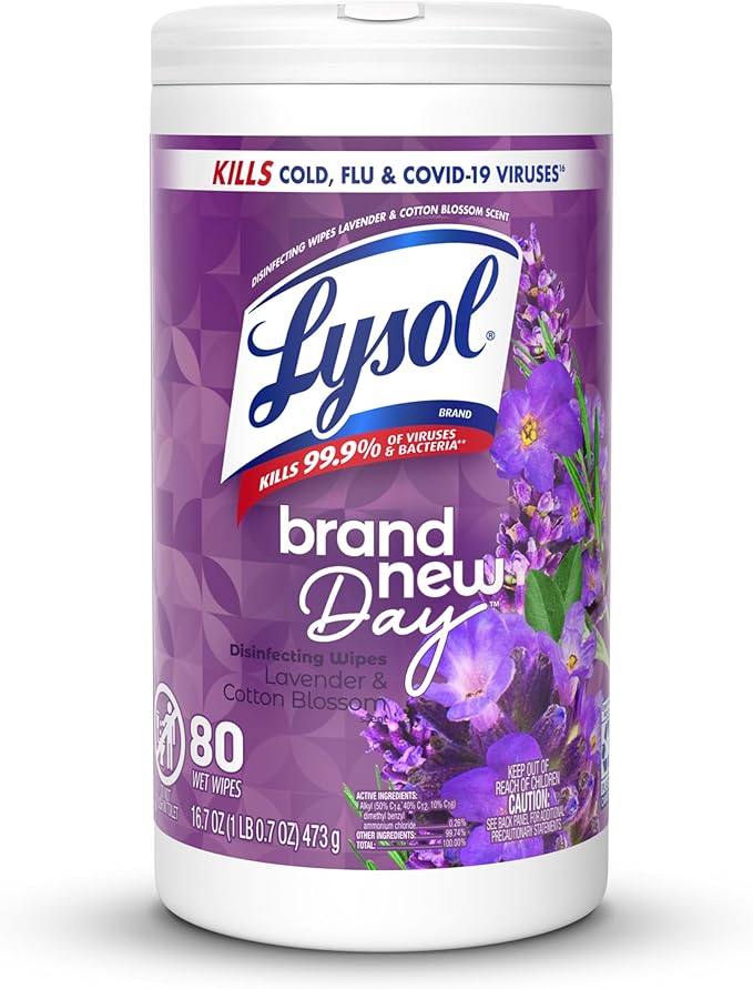 LYSOL Disinfecting Wipes, All Purpose Cleaner, Multi-Surface Antibacterial Cleaning Wipes, Household Cleaning Supplies, Dorm Essentials, Lavender & Cotton Blossom Scent, 80 ct.