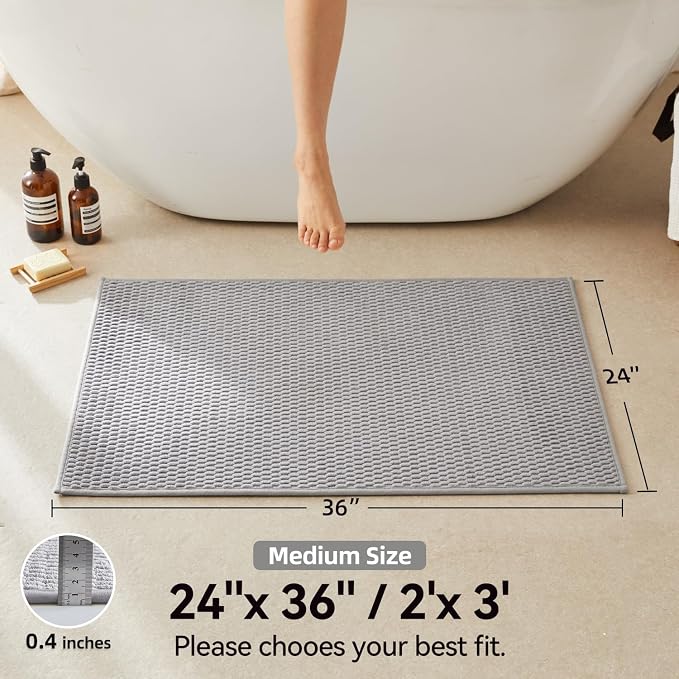 Triohero Bathroom Rugs Non Slip Washable, Super Absorbent Thin Bath Mat Quick Dry Low Pile Bathroom Rug, Light Grey 24"x36"