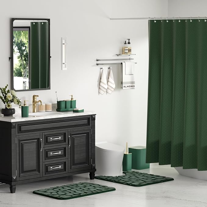 XLHOMO Bathroom Accessory Set - 25PC Green Bathroom Sets, Bathroom Set with Shower Curtain and Rugs, Dark Green Shower Curtain Set, Trash Can, Qtip Holder & Soap Dispenser
