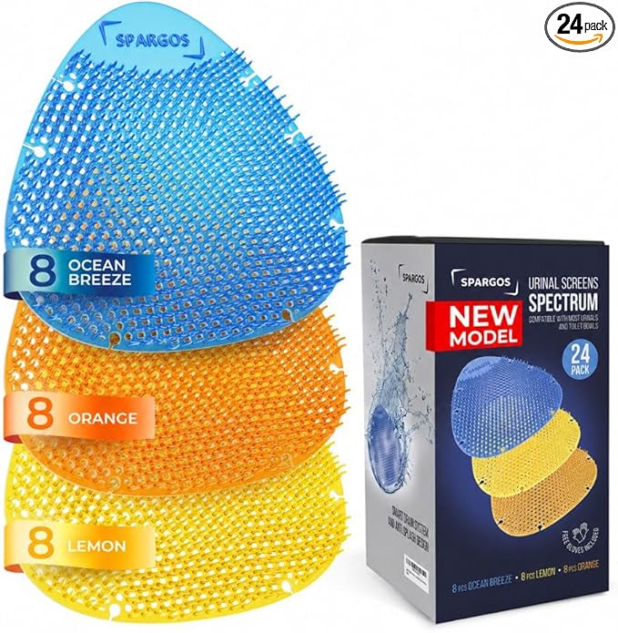 Urinal Screen Deodorizer (24 Pack) Urinal Cakes Fresh 3d Wave Anti-Splash Odor protection for Toilets in Bathroom Office Stadiums Schools with Free Gloves - 8 pcs Blue 8 pcs Yellow 8 pcs Orange