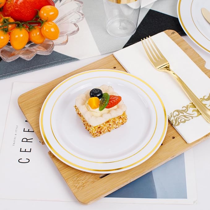 350 Pieces White and Gold Plastic Plates - 50 Guest Dinnerware Set Include 100 Plates, 50 Gold Plastic Silverware, 50 Paper Napkins and 50 Cups for Wedding/Baby Shower/Spring/Birthday/Thanksgiving