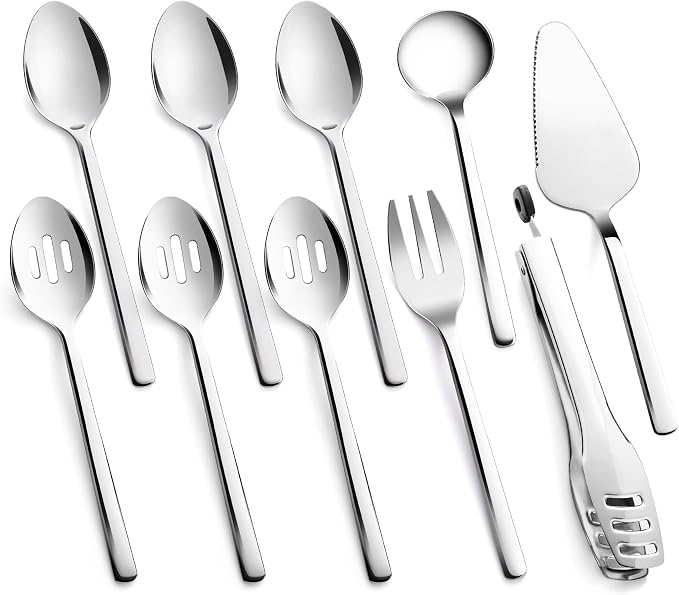 10 piece Large Hostess Serving Utensils Set,18/10 Stainless Steel | Heavy Duty Serving Set, 10 inch Serving Spoons, Slotted Spoons, Forks, Tongs, Cake Pie Server for Buffet, Wedding, Parties