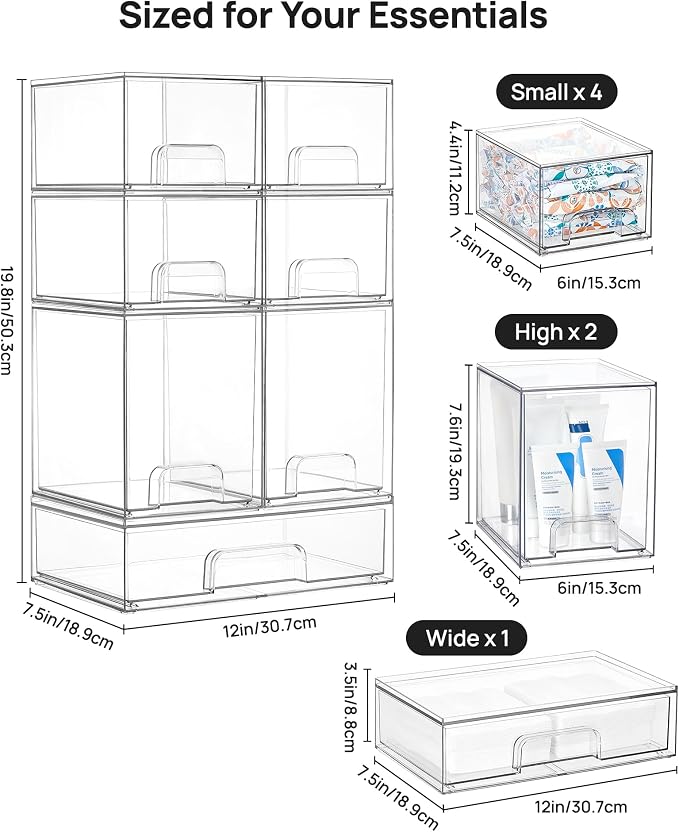 Vtopmart Stackable Storage Drawers Set of 7, Clear Plastic Organizer Bins for Baby Bottle, Beauty Supplies Storage, Ideal for Kichen Countertop, Vanity, Bathroom, Cabinet, Pantry Organization