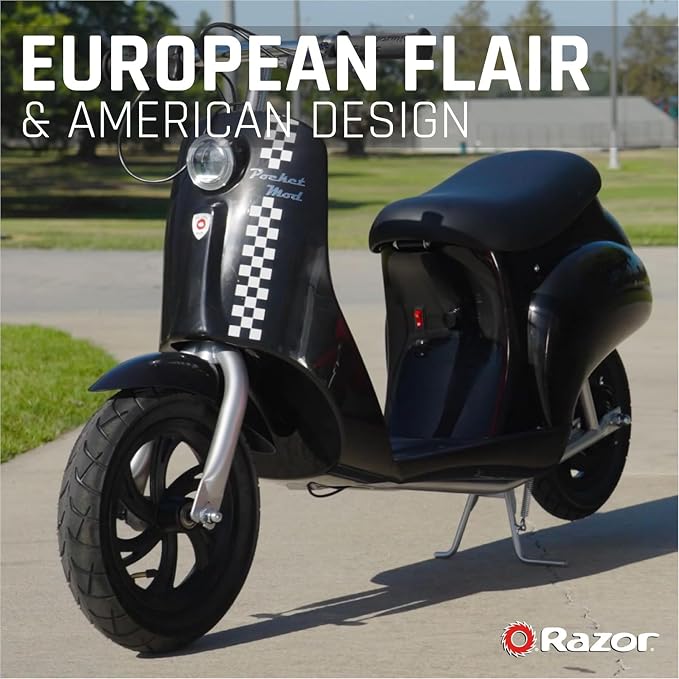 Razor Pocket Mod Classic Miniature Euro-Style Electric Scooter for Ages 8+, Vintage-Inspired Design, High/Low Speed Switch, Up to 80 Minutes Ride Time