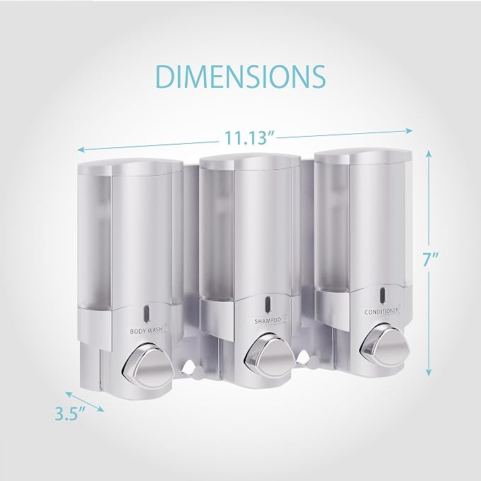 Better Living Aviva Wall Mount Shower Dispenser, 3 x 11 oz, Satin Silver | 3 Chamber, Shower Dispenser for Bathroom, Built-in Hooks, No Drill, Waterproof Dispenser Pump