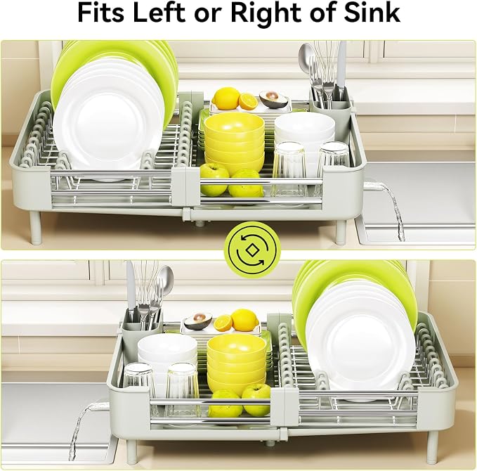 Urackify Extendable Dish Drying Rack, Dual Part Dish Drainers with Non-Scratch and Movable Cutlery Drainer and Drainage Spout, Adjustable Dish Rack for Kitchen, Gray & White