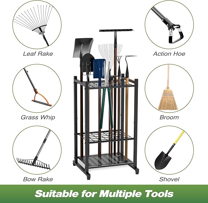 Tool Organizer for Garden, Garage Tool Organizer & Garage Organization – Heavy Duty Steel Garden Tool Organizer Stand Holds 35 Tools/Rakes/Brooms, Tool Storage Rack for Shed/Outdoor, Garage Organizer
