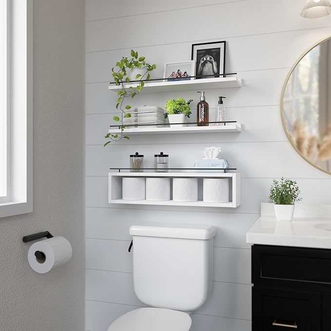 WOPITUES Floating Shelves for Wall 24 inch with Cube Shelf, Wall Shelves with Metal Rail for Bathroom Decor, Bathroom Organizers and Storage, Over Toilet Shelves, Toilet Paper-White