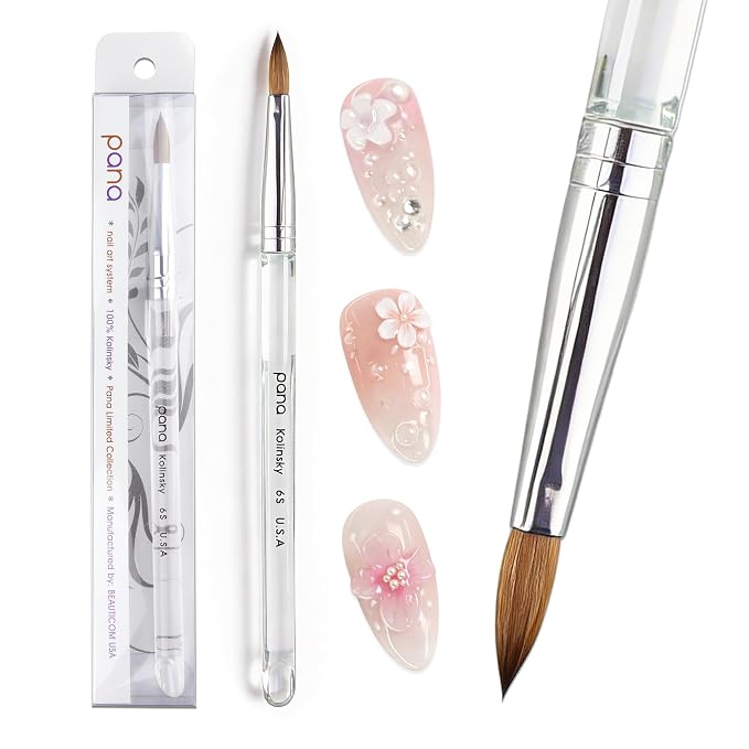 PANA Pure Kolinsky Hair Acrylic Nail Brush - Oval Crimped Shape Silver Ferrule with Clear Acrylic Handle (Size 6)