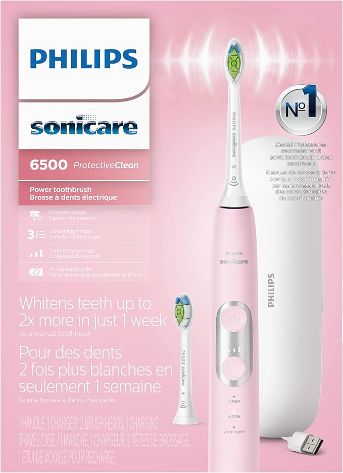 Philips Sonicare ProtectiveClean 6500 Rechargeable Electric Toothbrush, with Pressure Sensor, 3 Cleaning Modes, SmarTimer and QuadPacer, 14-Day Battery Life, Charging Travel Case, Pink, HX6462/06