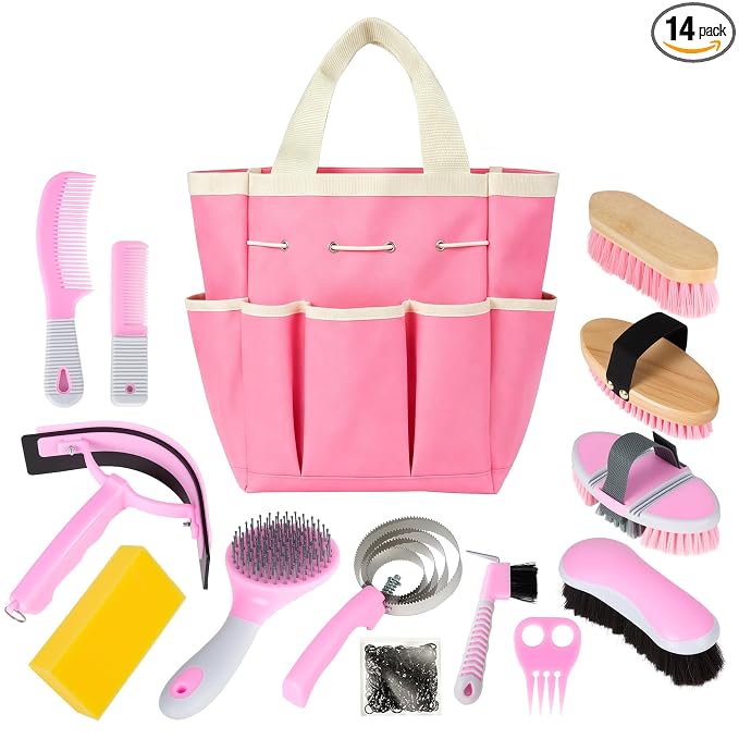 Horse Grooming Kit, 14-in-1 Professional Horse Brush Supplies Set for Grooming & Care, with Horse Brushes, Curry Comb, Hoof Pick & Waterproof Storage Tote Bag for Shining, Detangling, Massaging(Pink)