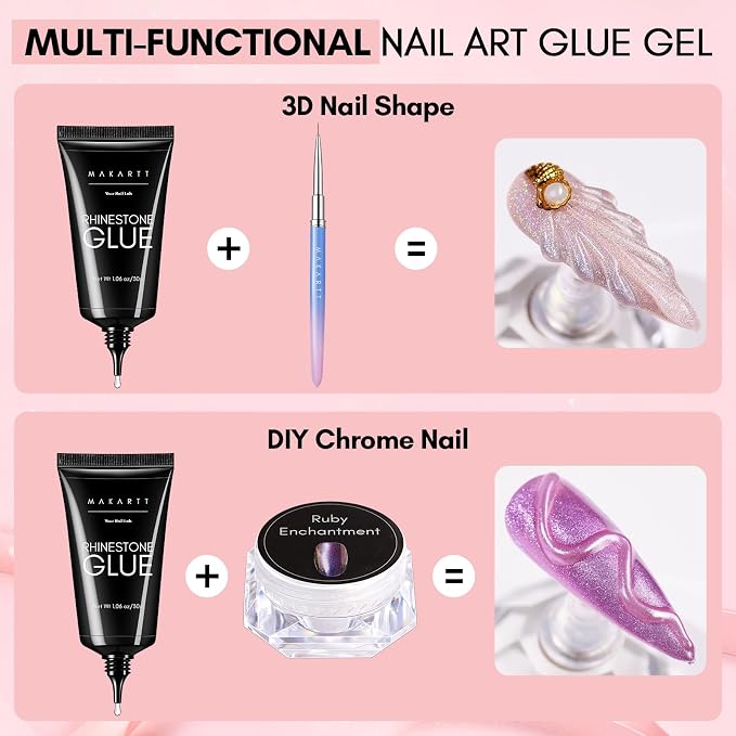 Makartt Nail Rhinestone Glue for Nails: 60ML Super Strong Gel Glue | for Rhinestones, 3D Art Charm Decorations Bling Gem Bow Jewels Crystals Beads Diamonds Pearls, Beauty Gift, UV Lamp Need