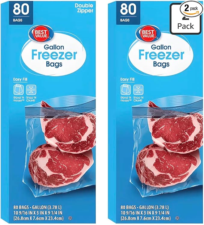 Freezer Guard Double Zipper Freezer Bags Gallon Size 80 Count Heavy Duty Food Storage Bags Leakproof Airtight Seal BPA Free Plastic for Freezing Meat Vegetables Meal Prep (Pack of 2)
