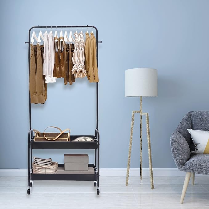 Clothing Rack, Portable Hanging Storage Organizer Garment Rack Clothing Racks with 2 Tier Basket Floor Standing Clothing Rack with Wheels for Home Bedroom Laundry (Black)