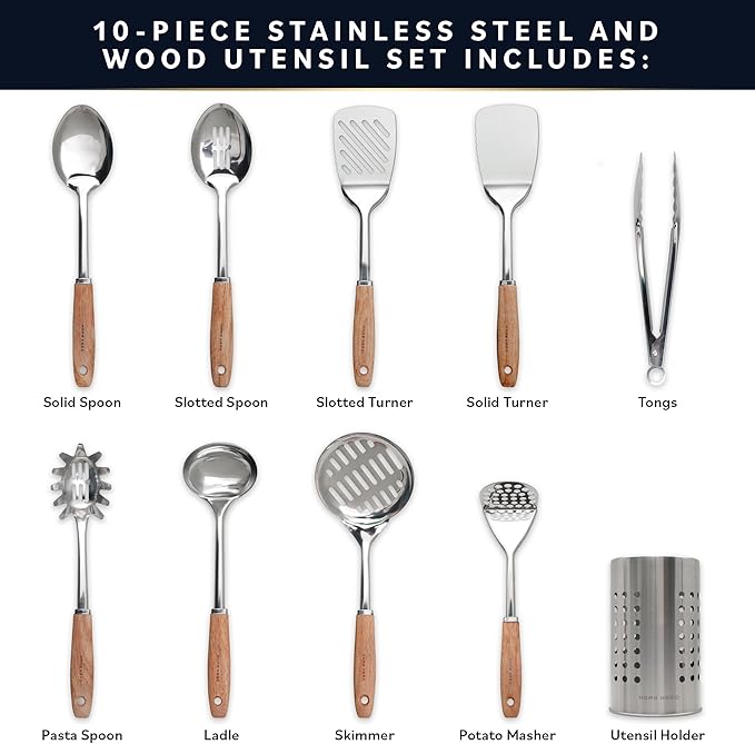 Home Hero Stainless Steel Kitchen Utensils Set - Wood Handle Nonstick Stainless Steel Cooking Utensils Set - Heat Resistant Kitchen Essentials & Metal Kitchen Gadgets (Silver & Wood)