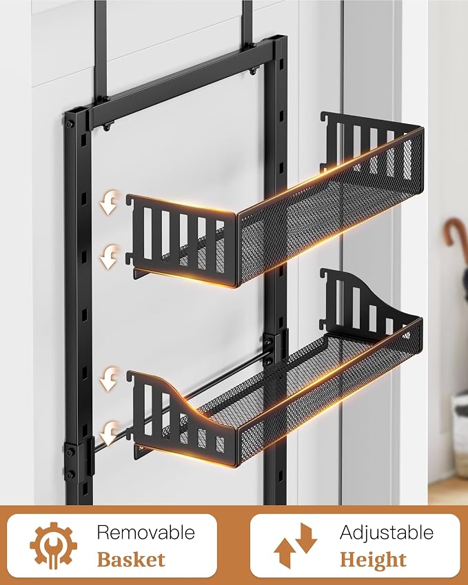 POKIPO 8-Tier Over the Door Pantry Organizer, Large Metal Door Spice Rack with Adjustable Basket, 2 in 1 Wall Mount or Hanging Heavy-Duty Pantry Door Storage Shelf for Kitchen and Bathroom, Black