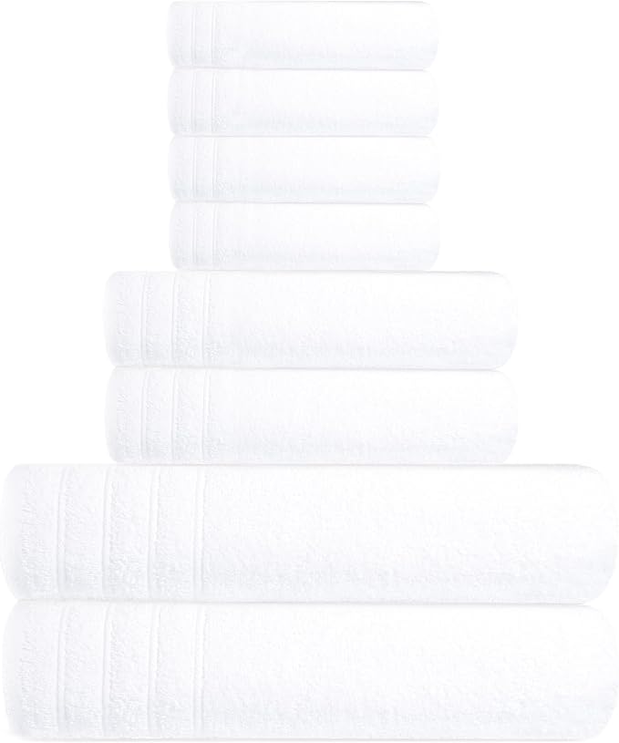 Tens Towels 8 Piece Towel Set, 2 XL Bath, 2 Hand, 4 Washcloth, White | 100% Cotton, Lighter Weight, Quicker to Dry, Super Absorbent, Perfect for Bathroom