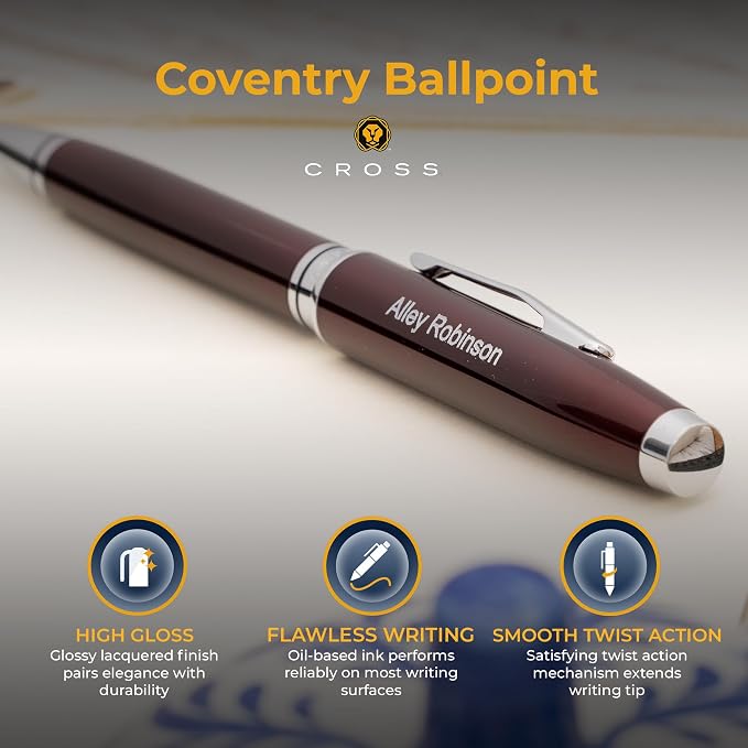 Cross Coventry Engraved Ballpoint Pen, Red Lacquer with Chrome Trim, Twist Action, Personalized Gift for Graduation, New Job, Career Advancement, Birthdays, Cross Gift Box Included
