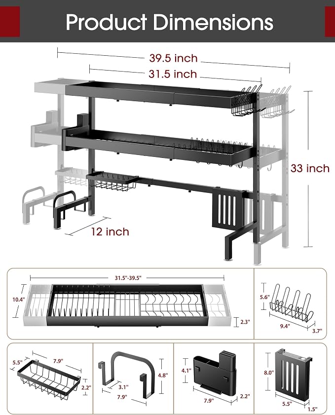 Sakugi 3-Tier Dish Drying Rack Over The Sink, Expandable for Counter | Rustproof Stainless Steel Kitchen Storage Organizer, Space-Saving 31.5"–39.5"Lx12"Wx33"H, Black