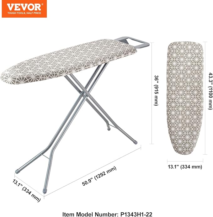 VEVOR Ironing Board with Large 43 x 13 Ironing Surface, Thickened 4 Layers Iron Board with Heat Resistant Cover and 100% Cotton Cover, 7 Adjustable Heights Ironing Board for Home Laundry Room Use