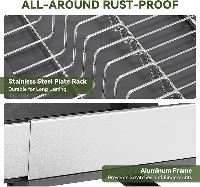 Urackify Expandable Dish Drying Rack, Stainless and Aluminum Frame, Gray | Dish Drainer for Kitchen Counter, Space Saving Kitchen Drying Rack with Movable Utensil Holder, 19.69"L x 13.46"W x 9.06"H