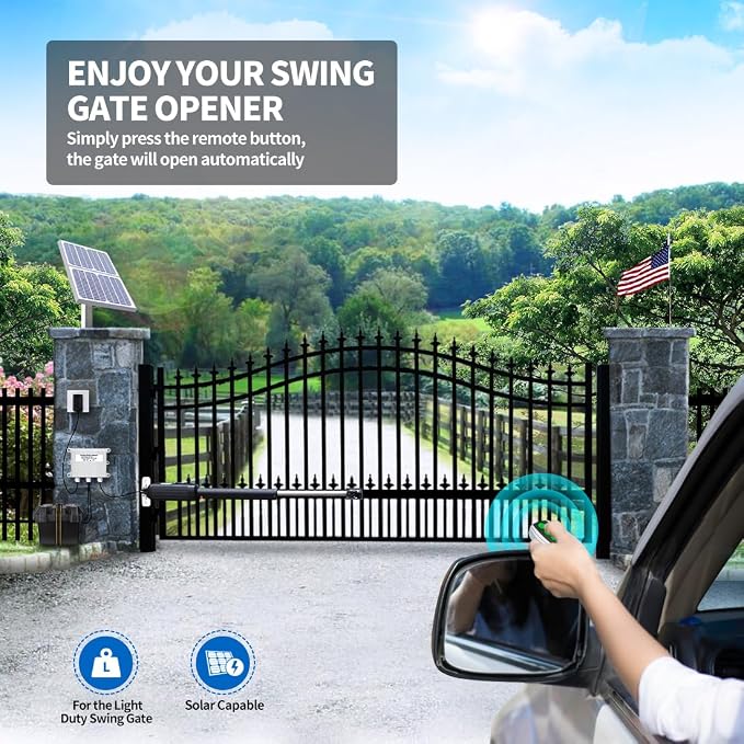 TOPENS A3S Automatic Solar Gate Opener for Light Duty Single Swing Gates Up to 12ft, Single Swing Gate Operator Battery Powered with Remote Control Kit Gate Motor Solar Panel Included