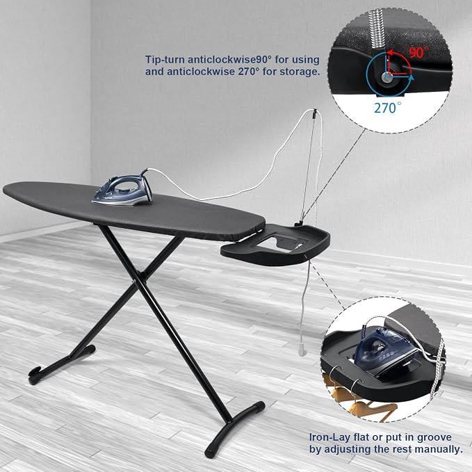 Duwee 18" ×48" Ironing Board with Retractable Iron Rest,Wide Ironing Board | Extra Wide Ironing Board, Heat Resistant Cover with Thicken Padding,Adjustable Height,Heavy Sturdy Legs with Wheels,Black