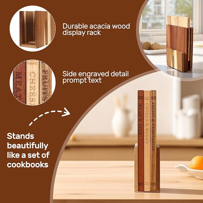Book Cutting Board Set with Wood Stand, Wooden Cutting Boards for Kitchen,Knife Friendly Decorative Board that Look Like Books, Easy to Store & Clean,Unique Gift for Book Lovers & Home Cooks