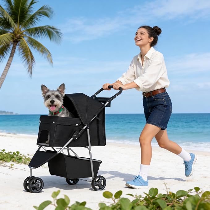 BestPet | 3-Wheel Pet Stroller | Dog and Cat Stroller | Breathable Mesh | Lightweight Travel Carrier | Waterproof & Foldable Design | Storage Basket | Black | for Daily Walks & Outdoor Use