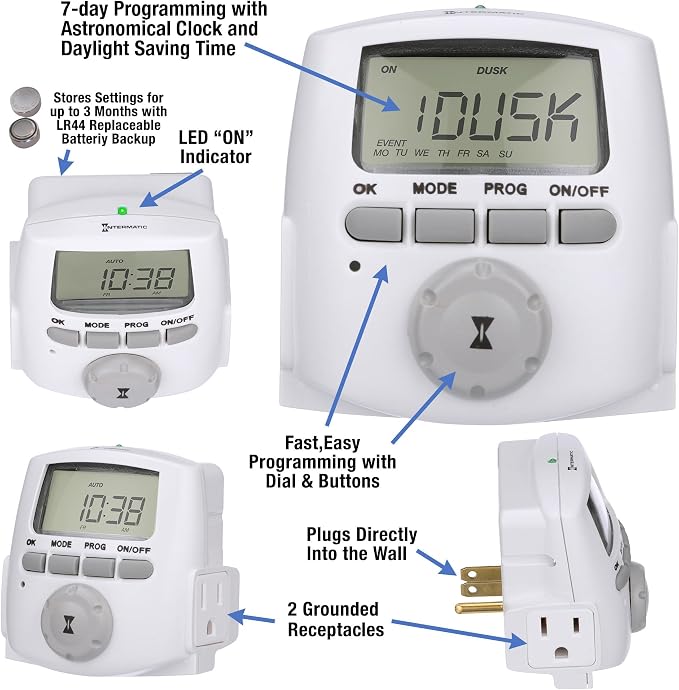 Intermatic DT620 Heavy Duty Indoor Digital Plug-inTimer - Full 7-Day Programming Options - Timer for Lighting, Fans & Small Appliances