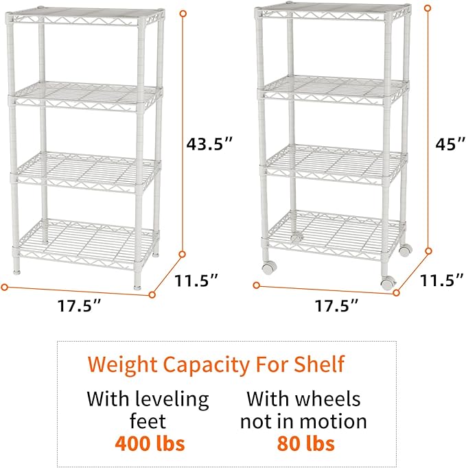 SINGAYE 4 Shelves Storage Shelf Wire Shelving Unit Metal Adjustable Wheels | Small Shelf Storage with Wheels Organizers Closet Unit for Bathroom Laundry Room Kitchen Pantry11.5D x 17.5W x 45H White