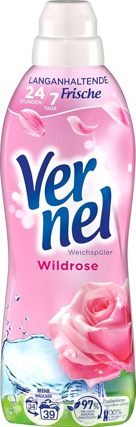 VERNEL Wildrose Fabric Softener, 4 x 39 WL (156 Washes), Washing Fragrance for 24 Hours and 7 Days Long-lasting Freshness with Unique Fragrance Technology, Recyclable Bottle