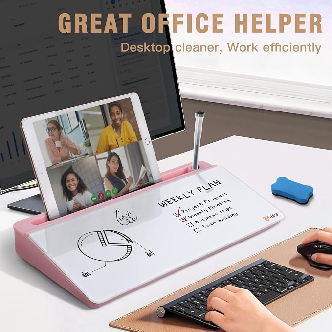 SELEAD Desktop Glass Whiteboard with Organizer & Built-in Mirror - Small Dry Erase White Board Computer Pad Keyboard Stand with Markers, Eraser, Holder for Women - Pink