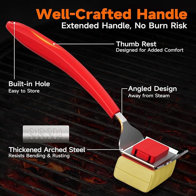 Bristle Free Grill Brush Replaceable Head for Outdoor Grill Cleaning, Safe Steam BBQ Grill Cleaning Pad Replacement for Cast Iron, Stainless Steel, Porcelain, Ceramic Grates - Red